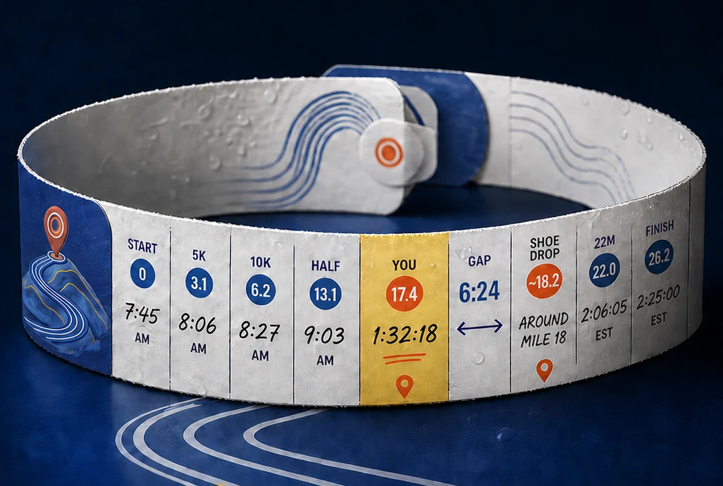 A wet-paper race wristband curled on a running track, printed with course splits from START at 7:45 AM through the half at 9:03 AM to FINISH 26.2 at 2:25:00. The panel for YOU at mile 17.4 is highlighted in yellow, next to a 6:24 gap and a shoe drop around mile 18.